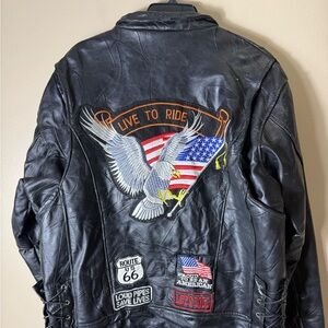 Diamond Plate Buffalo Leather Biker Jacket XL Live To Ride‎ Route 66 Patriotic